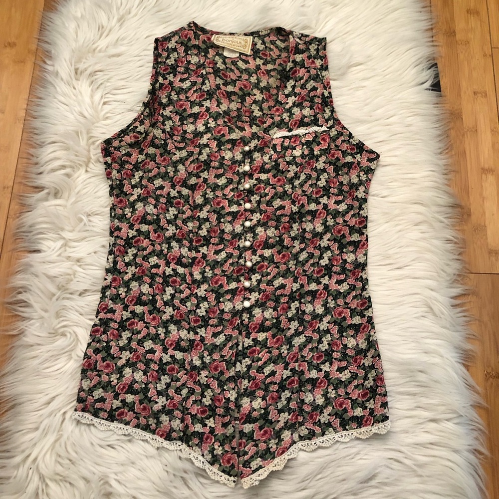 Vintage 70s Bonjour Ditsy Roses Print Crochet Hem Empire Waist Sleeveless Top M